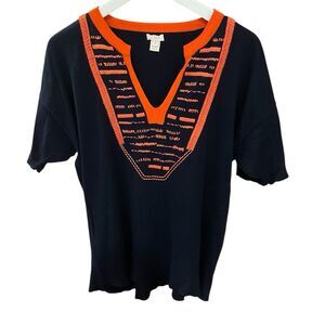 J.Crew Jenna Lyons ERA Orange Navy Blue Split Neck Embroidered Tunic Top Sz SM